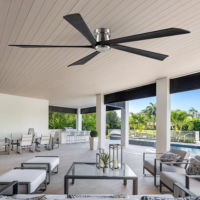 EKIZNSN 84 Inch Brushed Nickel Flush Mount Ceiling Fans without Light for Patios, 110V Noiseless Reversible DC Motor, 6-Gear Speed (Nickel Finish with Black Blades)