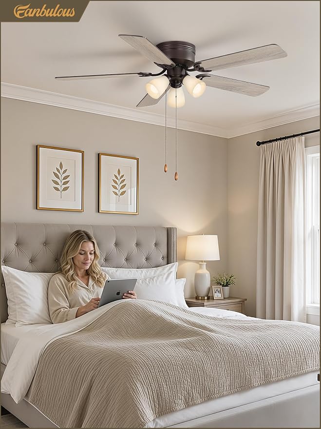 Fanbulous 52" Flush Mount Ceiling Fan with 3 Lights, DC Motor, Oil Bronze | 6-Speed Timer, Shatterproof PP Shades, Remote & Pull Chain Control, Vintage for Bedroom, Living Room, Dining Room