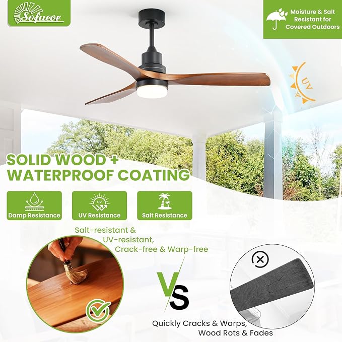 Sofucor 52 Inch Ceiling Fan with Light and Remote - 3 Solid Walnut Wood Blades, Quiet DC Motor, 6 Speeds 5000CFM, Dimmable 3-Color LED with Memory, Timer & Reversible for Indoor Outdoor, ETL