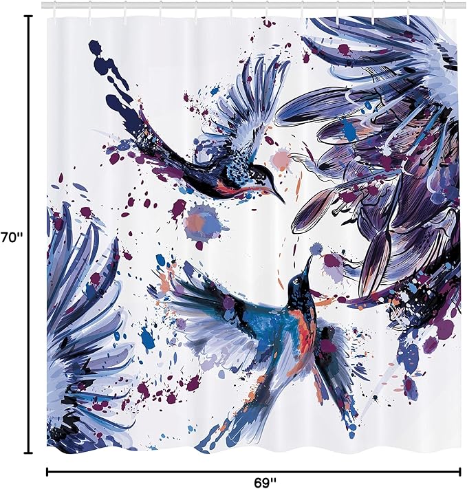 Ambesonne Hummingbird Shower Curtain, Art Lily Flowers Birds and Color Splashes in Watercolor Painting Style, Cloth Fabric Bathroom Decor Set with Hooks, 69" W x 70" L, Lavender Blue