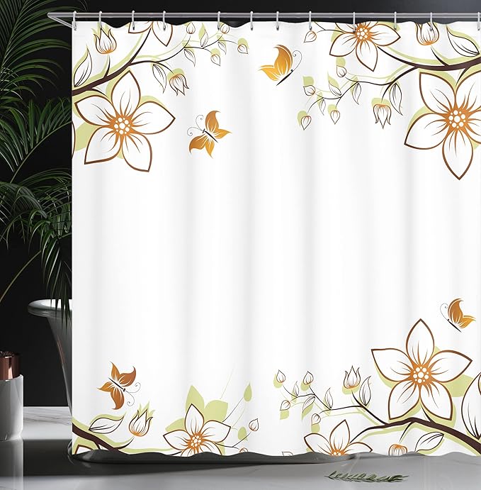 Ambesonne Floral Shower Curtain, Flowers Leaves Branches Buds Butterflies Frame Like Image Print, Cloth Fabric Bathroom Decor Set with Hooks, 69" W x 70" L, Pale Green Pale Brown