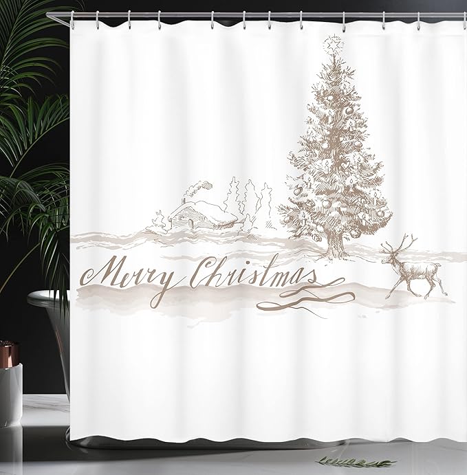 Ambesonne Christmas Shower Curtain, Romantic Vintage New Year Scenery with Reindeer Tree and Star Design Image, Cloth Fabric Bathroom Decor Set with Hooks, 69" W x 84" L, Brown