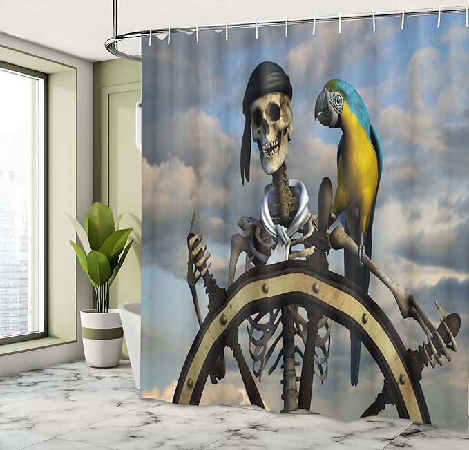 Ambesonne Pirate Shower Curtain, Skeleton Corsair Captain on Steering Wheel Exotic Macaw Parrot Bandit Cloudy Sky, Cloth Fabric Bathroom Decor Set with Hooks, 69" W x 70" L, Multicolor
