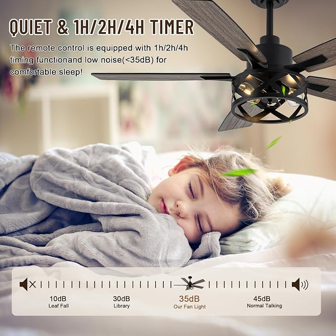 52" Farmhouse Ceiling Fan with Lights and Remote Control | Reversible DC Motor,5 Double Finish Wood Blades,Caged Rustic Ceiling Fan with Light for Bedroom,Living Room,Dining Room