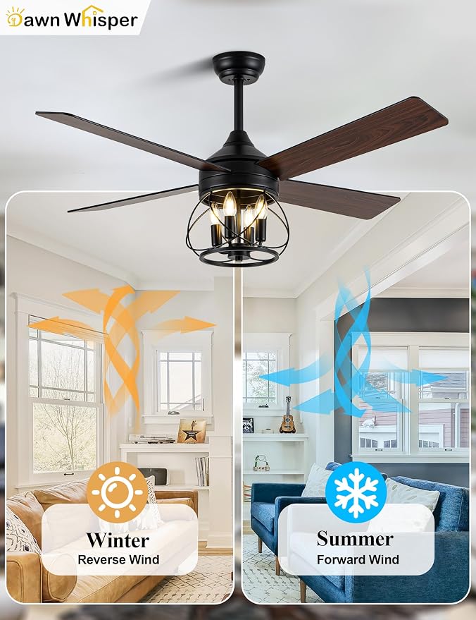 Dawn Whisper 52 Inch Rustic Farmhouse Ceiling Fans with Lights and Remote Quiet and Reversible DC Motor Black Industrial Caged Ceiling Fan for Bedroom Living Room