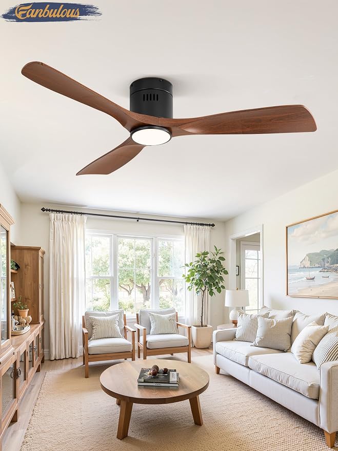 Fanbulous 52" Ceiling Fans with Lights and Remote Control,Modern Flush Mount Ceiling Fan with 3 CCT,Low Profile Ceiling Fans with 6-Speeds Reversible DC Motor for Patio Living Room Bedroom(Walnut)