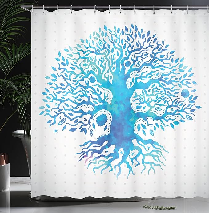 Ambesonne Tree Shower Curtain, Ethnic Watercolor Effect Tree of Life Figure on Polka Dot Pattern Ancient Art Image, Cloth Fabric Bathroom Decor Set with Hooks, 69" W x 75" L, White Sky
