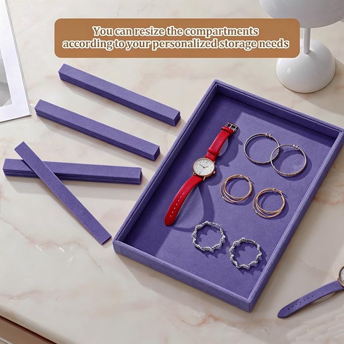 Large Velvet Jewelry Tray 2 Pack Stackable Jewelry Display Drawer Inserts Trays Organizer for Earring Bracelet Necklace Ring (Purple, 16 Grids)