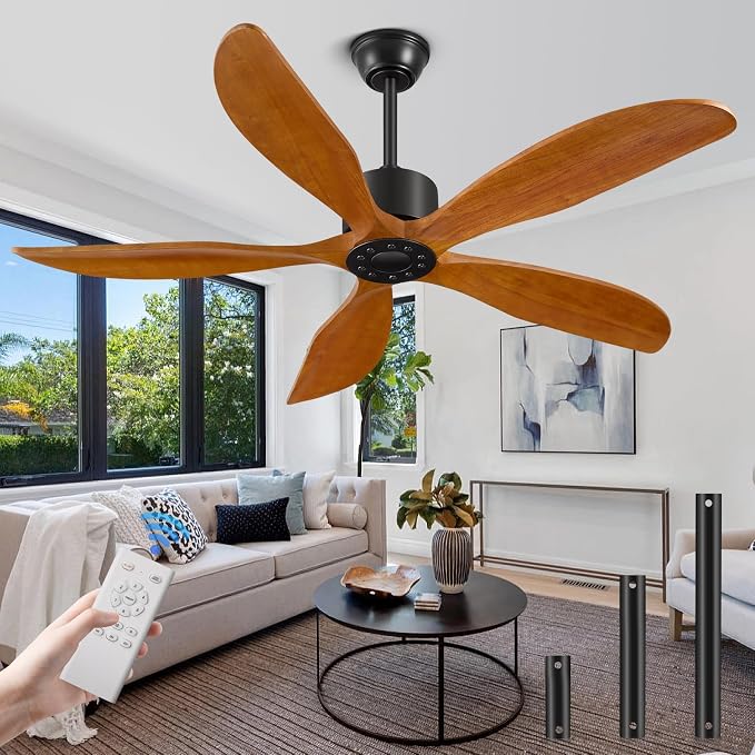 52" Ceiling Fan Without Lights 5Blades Ceiling Fans with Remote LightWalnut | Ceiling Fan Without Lights for Patios Indoor, ETL Listed, Timer, 6 Speeds, 3 Color, Reversible Quiet DC Motor, Under 25dB