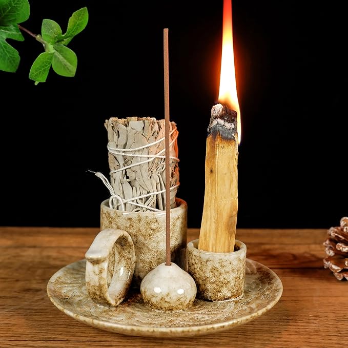 MOUGIGI 5.1Inch 5-in-1 Ceramic Smudge Bowl Brown - Incense Stick Holder, Small Candle Holder, Smudge Bowl/Dish, Fits Palo Santo, Sage.Zen Altar for Meditation/Yoga, Aromatic Scents, Easy to Clean