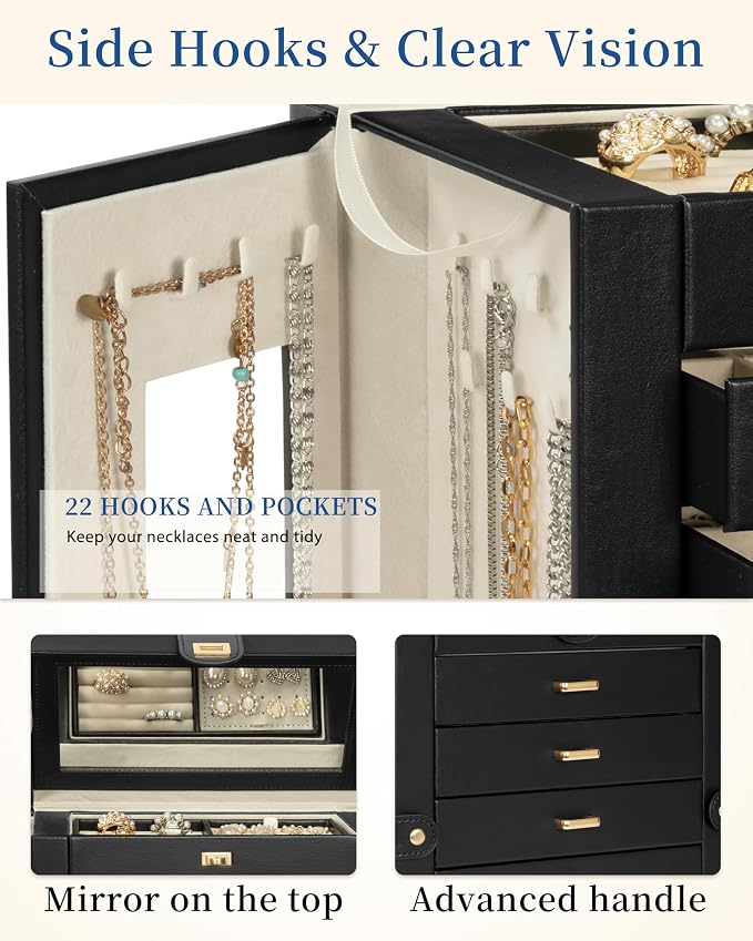 AKOZLIN 6-Tier Jewelry Box Organizer Functional 5 Drawers Leather Jewelry Storage Case for Women Girls Ring Necklace Earring Bracelet Holder Organizer with Mirror XL Black 360° Rotating