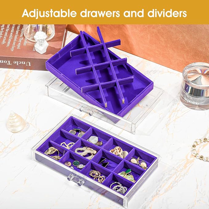 ProCase Earring Holder Organizer Jewelry Box with 3 Drawers, Acrylic Clear Earring Case with Adjustable Velvet Trays for Women - Purple, 3 Layers
