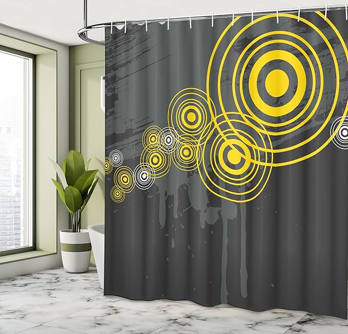 Ambesonne Grey and Yellow Shower Curtain, Music Street Design Inspired Geometrical Inner Circles Image, Cloth Fabric Bathroom Decor Set with Hooks, 69" W x 70" L, Charcoal Grey and Black
