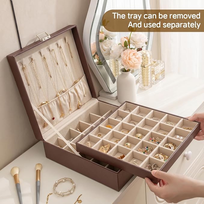 Frebeauty 50 Grid Earring Holder Organizer,2 Layer Jewelry Box for Women | Faux Leather,Velvet Lining,Adjustable Divider,Jewelry Organizer for Ring Necklace and Bracelet,for Home Use and Jewelry Store