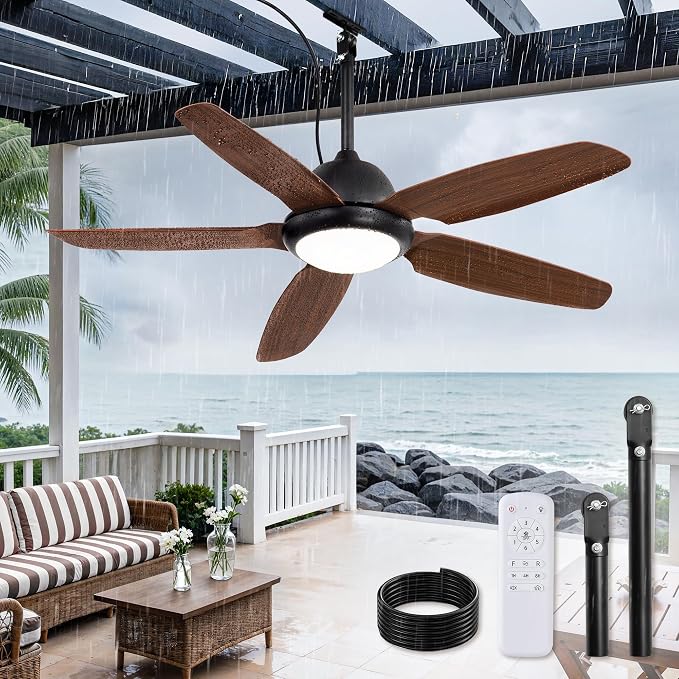 Fanbulous 52 Inch Waterproof Outdoor Ceiling Fan with Light for patio,Brown | IP65 Wet Rated, 3CCT Dimmable Light,Remote Control,6-Speed DC Motor, Plug-in Cord, Hanging Hook for Gazebo, Porch, Pergola.