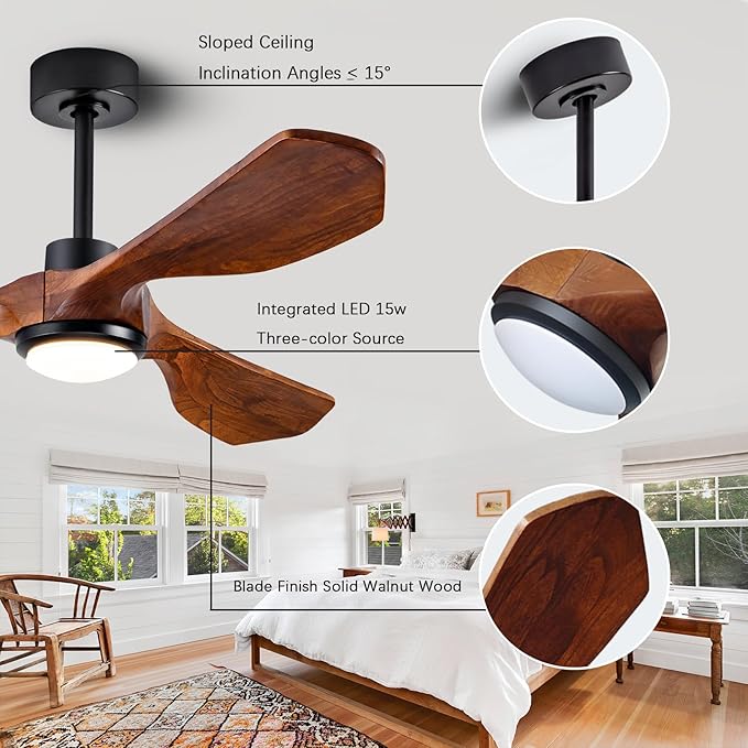 52 Inch Walnut Wood Ceiling Fan with Lights, DC Motor with Remote Control | solid walnut wood blades, dc inverter motor, remote control, dimmable led light, indoor outdoor for patio farmhouse office