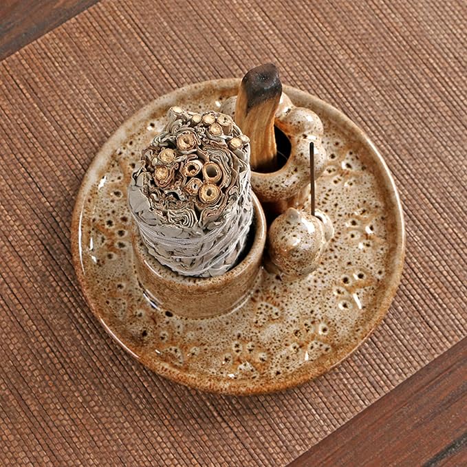 4 in 1 Palo Santo Holder, Sage Holder for Burning, Sage Tray with Incense Burner Holder for Sticks, Smudge Pot, Sage Burner Bowl, Ceramic Cat Paw Ash Catcher Tray (Brown)