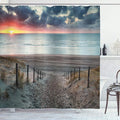 Ambesonne Beach Shower Curtain, Sun Setting View North Sea North Holland Netherlands Footsteps Outdoors Image, Cloth Fabric Bathroom Decor Set with Hooks, 69" W x 70" L, Bluegrey Brown