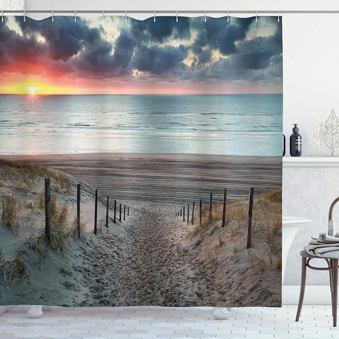 Ambesonne Beach Shower Curtain, Sun Setting View North Sea North Holland Netherlands Footsteps Outdoors Image, Cloth Fabric Bathroom Decor Set with Hooks, 69" W x 75" L, Bluegrey Brown