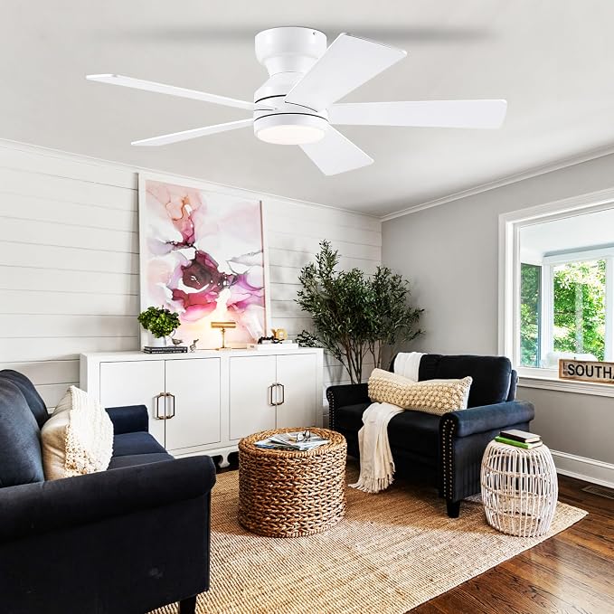 BYKISTOK 46" Flush Mount Ceiling Fan with Lights - White Modern Fan Light with Reversible Mute Motor, 3CCT Dimmable, Wind Speeds Adjustable, Low Profile Light Fixure for Indoor Use, Bedroom