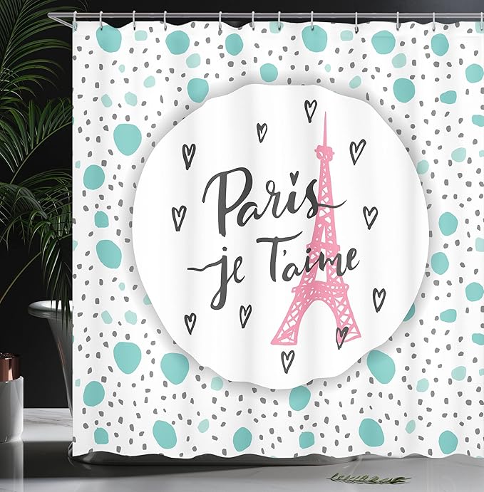 Ambesonne Paris Shower Curtain, I Love You Lettering Fashion Modern Background Europe Architecture, Cloth Fabric Bathroom Decor Set with Hooks, 69" W x 70" L, Turquoise Grey