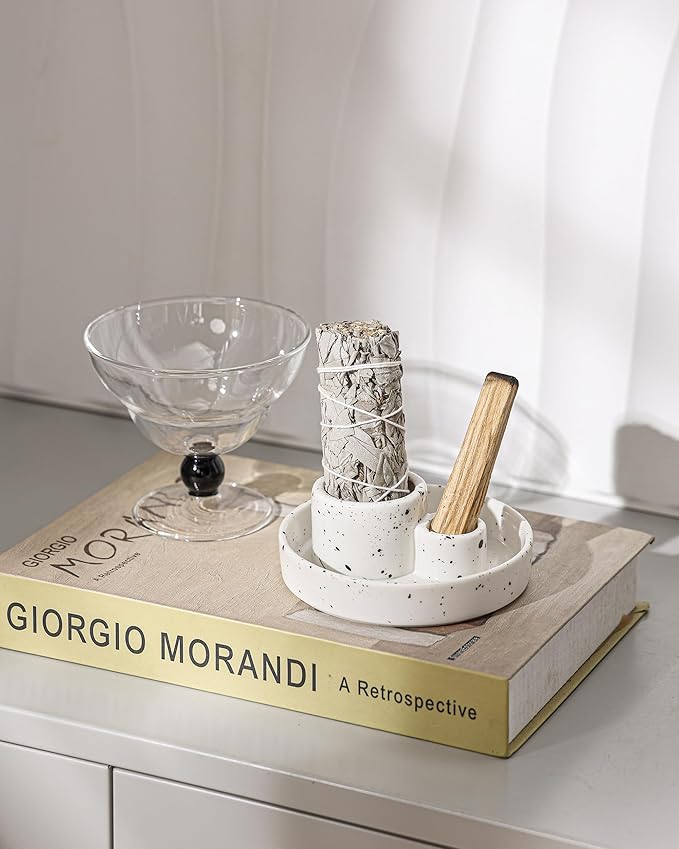 Ceramic Incense Holder, Palo Santo and Sage Holder, Vertical Stick Incense Burner, Inscents Ash Catcher for Spa Yoga Meditation Home Decor, Modern Minimalist White