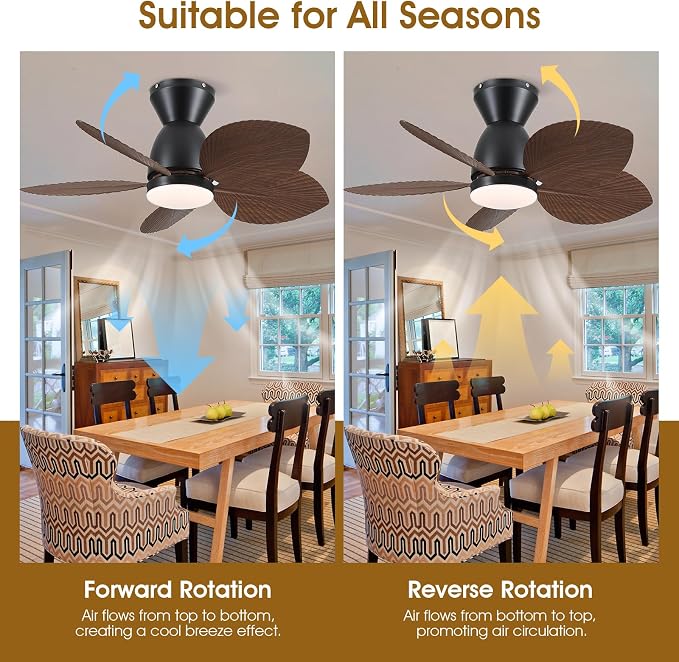Kviflon Tropical Ceiling Fans with Lights and Remote Control, 30 Inch Low Profile Flush Mount Ceiling Fans, Palm Leaf Ceiling Fan with Light for Small Room Indoor Outdoor, Brown