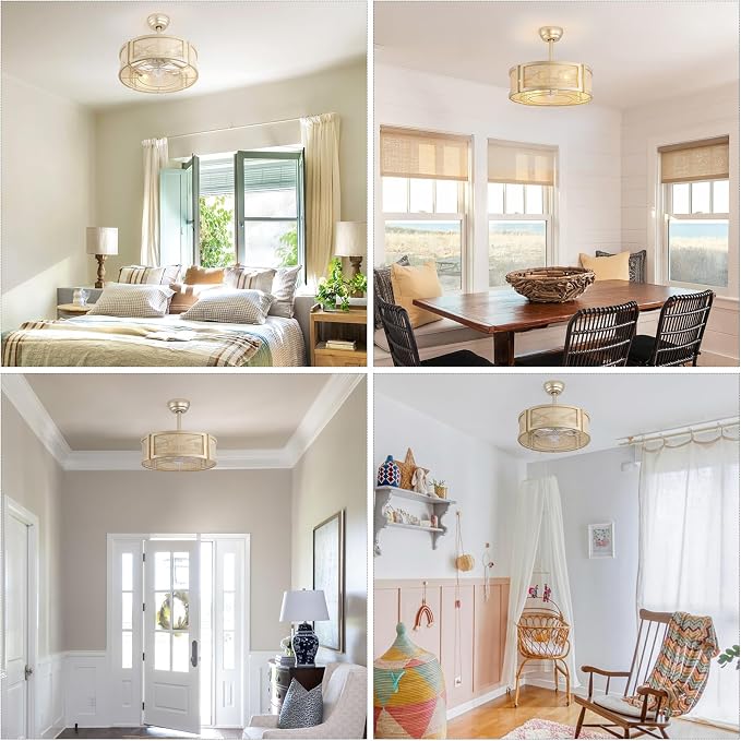 20" Boho Ceiling Fans with Lights, Rattan Fandelier Ceiling Fan with Light Remote Control with Caged 6 Speeds for Bedroom, Nursery, Living Room (Gold)