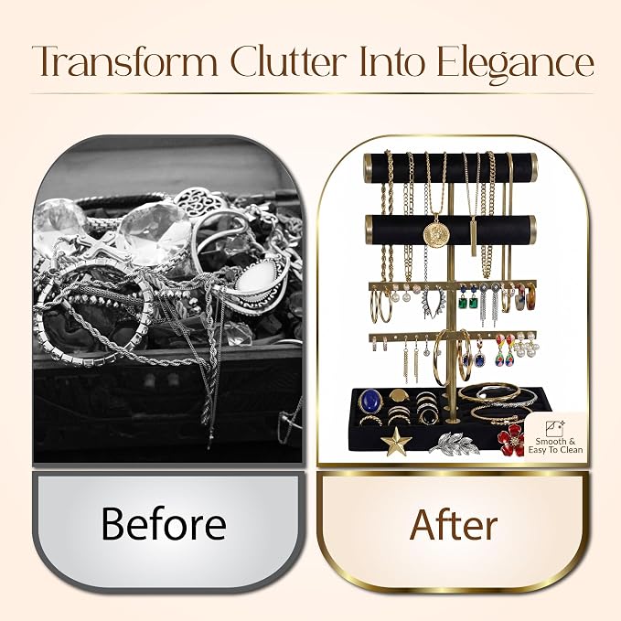 Jewelry Tower Stand Organizer for Women - Soft Touch Velvet Elegant Jewelry Holder Display with Necklace Holder, Earring Organizer & Bracelet Rack - Tabletop Stand for Dresser, Vanity, Desk - Black