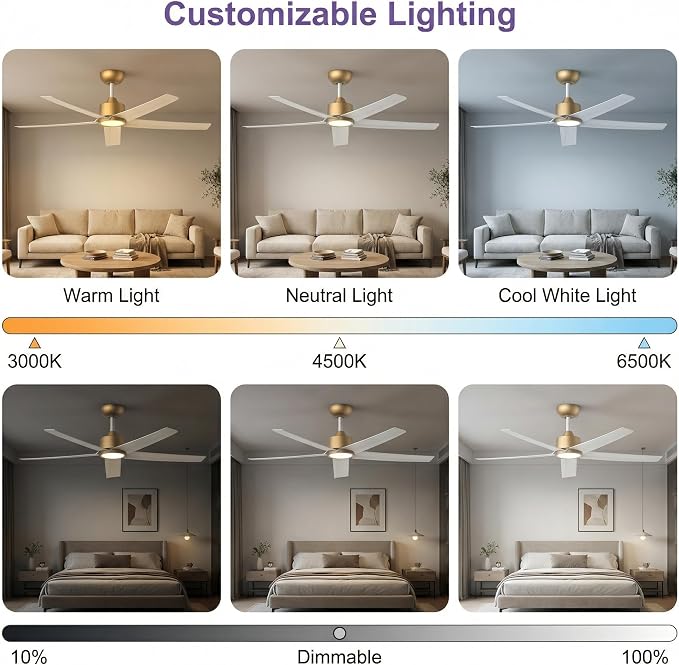 ocioc 2-Pack 52 inch Ceiling Fans with Liights Ultra Quiet DC Motor 3 Color Temperatures Modern Ceiling Fan for Bedroom Kitchen Indoor Covered Outdoor Gold