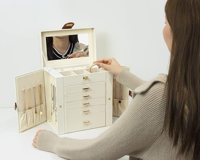 KAMIER Jewelry Box for Women, 6-Layer Large Jewelry Holder Organizer Box with Mirror & 5 Drawers for Rings, Earrings, Necklaces, Bracelets,White