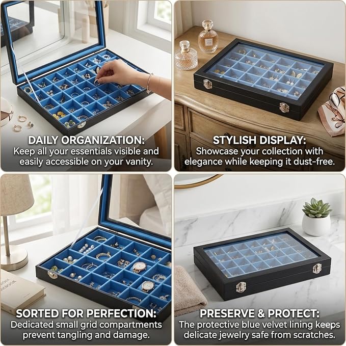 Stratalife 48 Grid Earring Organizer, Jewelry Holder Organizer with Lid | PU Leather Storage Box for Earring, Ring, Studs and Trinkets, Soft Velvet Drawer Organizer for Women, Dustproof, Blue Black