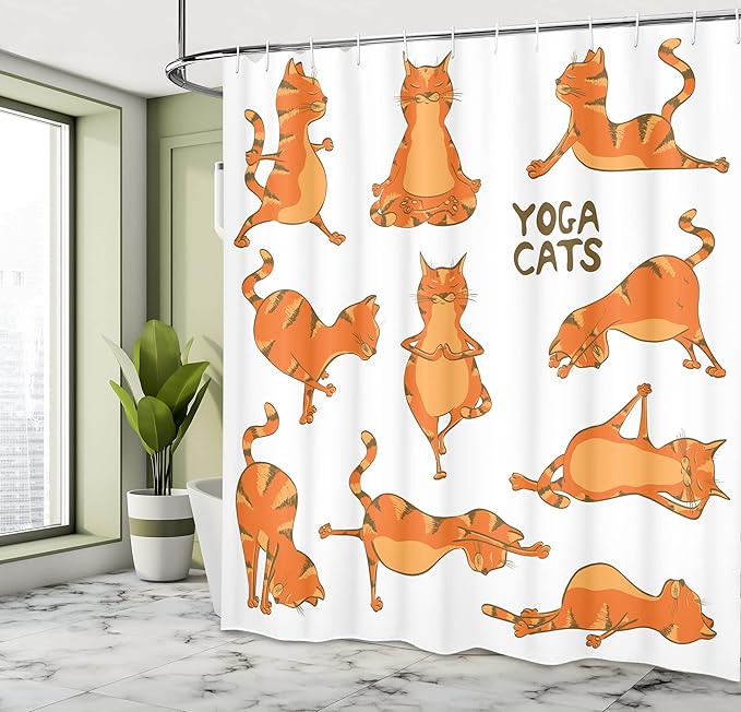 Ambesonne Cat Shower Curtain, Cats Doing Funny Fitness Exercises and Flexibility Position Sports Stretch Gymnastics, Cloth Fabric Bathroom Decor Set with Hooks, 69" W x 75" L, White Orange