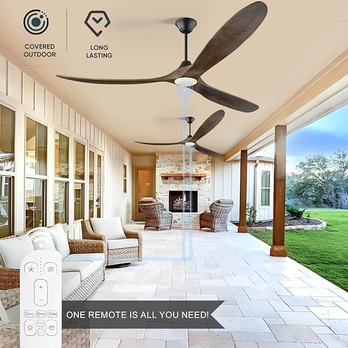 82 inch Large Ceiling Fans with Lights, Damp Rated Outdoor Ceiling Fan for Patios, 3 Wooden Propeller Blades, High CFM Smart Fan with Remote & APP & Alexa Control for Indoor Exterior Commercial