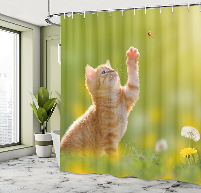 Ambesonne Cat Shower Curtain, Animal Theme Cat Hunting a Ladybug Nature Grass Dandelions Digital Print, Cloth Fabric Bathroom Decor Set with Hooks, 69" W x 70" L, Earth Yellow Pale Green