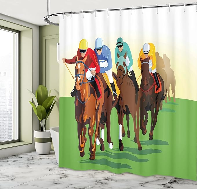 Ambesonne Horse Shower Curtain, Vibrant Colorful Competitive Scene with Jockeys Racing Horses Equine Retro Artwork, Cloth Fabric Bathroom Decor Set with Hooks, 69" W x 70" L, Brown Green