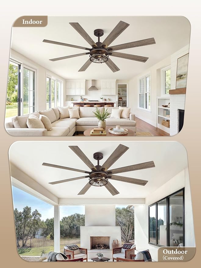65 Inch Ceiling Fans with Lights, Farmhouse Ceiling Fan with Lights and Remote, Dual Finish 8 Blades Caged Rustic Ceiling Fans with 6 Speed Reversible Motor for Indoor/Covered Outdoor
