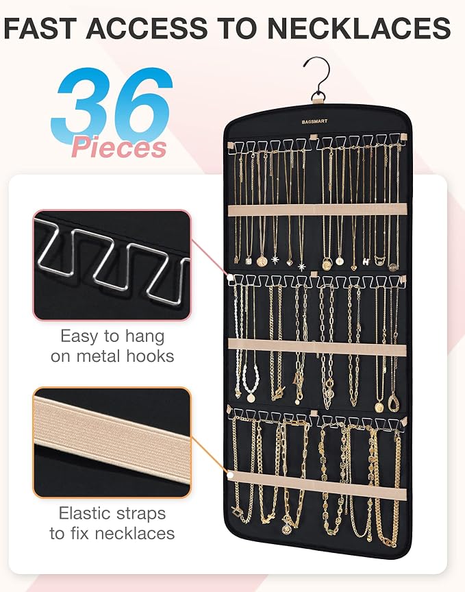 BAGSMART Hanging Jewelry Organizer, Necklace Holder Anti-tangle with Storage Bag,1 Piece, Large, Black