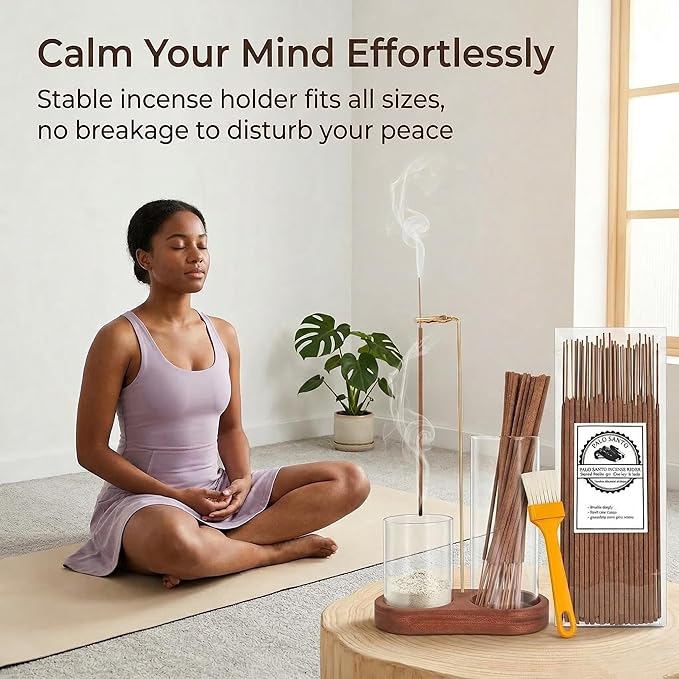 Incense Holder with 40 Pcs Palo Santo Incense Sticks - Incense Burner Holder with Glass Ash Catcher Relaxation, Purification, Meditation, Yoga Gift