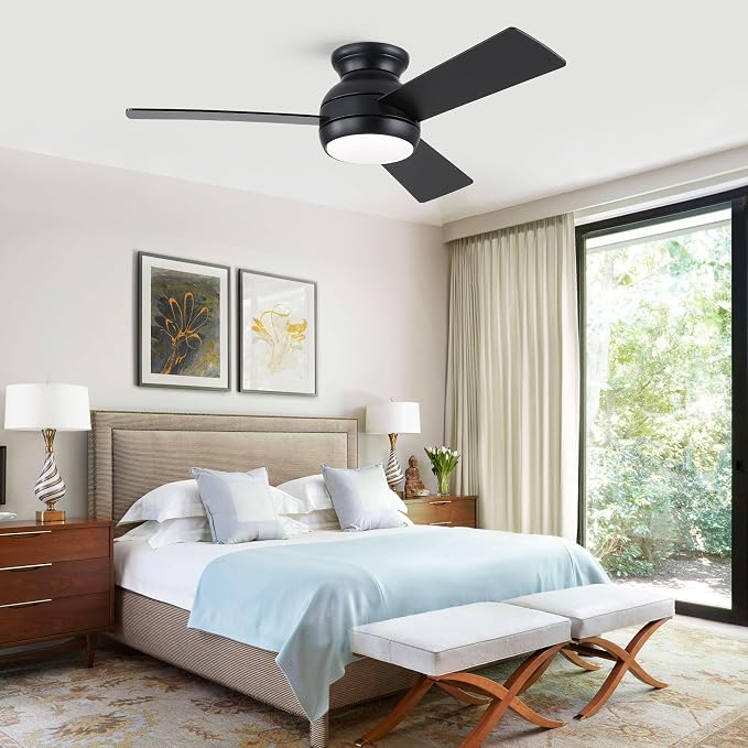 42 Inch Low Profile Ceiling Fan with Light Quiet for Bedroom, Black | Flush Mount,Remote Control,Reversible Quiet DC Motor,Wood Blade,6 Speed,3CCT Dimmable for Bedroom,Living Room