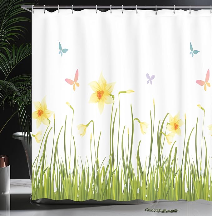 Ambesonne Daffodils Shower Curtain, Daffodil Field with Butterflies Meadow and Grass Springtime Park Easter Print, Cloth Fabric Bathroom Decor Set with Hooks, 69" W x 84" L, Green Yellow