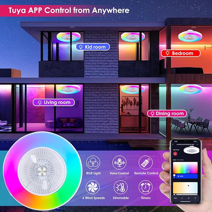 24" Bladeless Ceiling Fans with Lights and Remote/APP/Voice Control, Low Profile Ceiling Fan with RGB Lights, Enclosed Flush Mount Ceiling Fan for Kid's Bedroom/Living Room