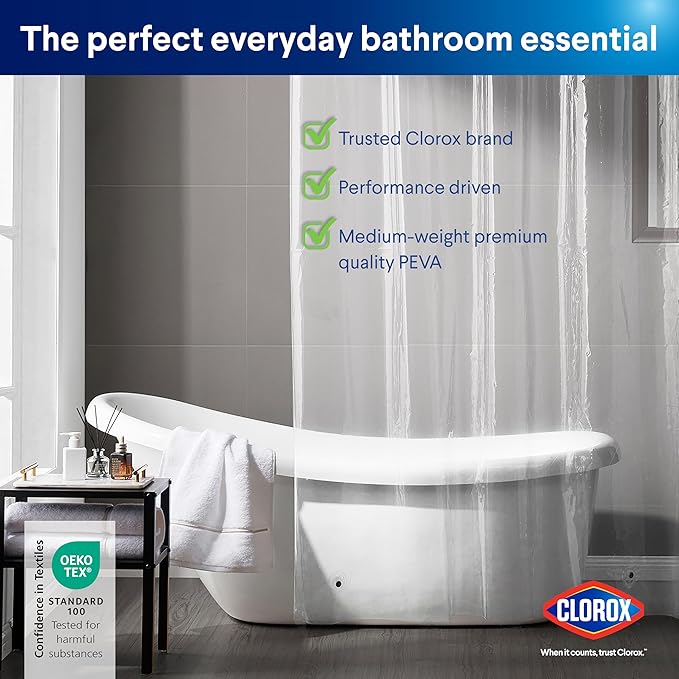 Clorox Shower Curtain Liner, Premium Medium-Weight Durable Waterproof 6g PEVA for Bathroom with Weighted Magnets, Extra Long 72" x 96", Clear 1 Pack