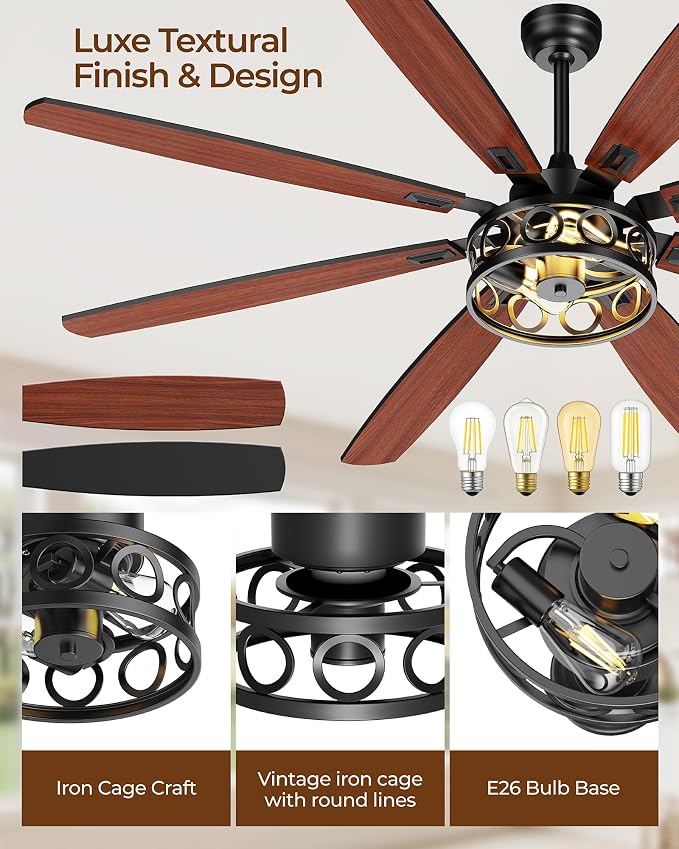 Ceiling Fans with Lights and Remote, 72'' Vintage Caged Ceiling Fan with Light, 8 Blades, 6+1 Speed, Flush Mount Ceiling Fan Whisper-quiet for Farmhouse, Living Room, Kitchen and Porch (72 Inch)
