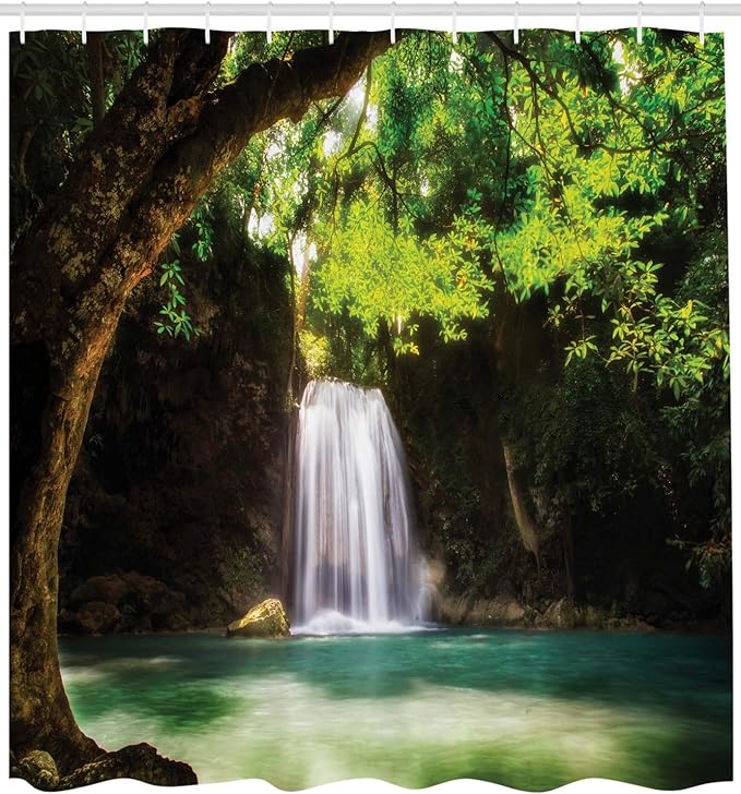 Ambesonne Waterfall Shower Curtain, Waterfall Flowing to Lake Deep Down in The Forest Warm Paradise Photo, Cloth Fabric Bathroom Decor Set with Hooks, 69" W x 75" L, Green Brown