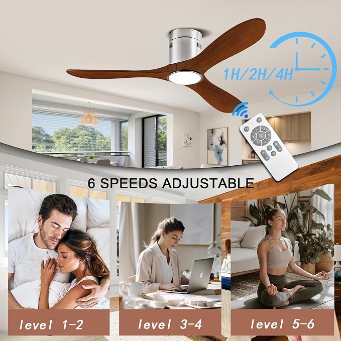 52” Ceiling Fans with Light with 6 Speed Remote/APP Control, Solid Wood Fan Blade, 3CCT Dimmable LED, Noiseless, Bedroom, Hallway Recessed Ceiling Fan
