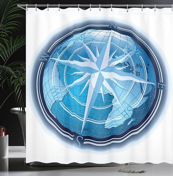 Ambesonne Compass Shower Curtain, Abstract Composition with Globe and Windrose Continents Ocean Modern Illustration, Cloth Fabric Bathroom Decor Set with Hooks, 69" W x 70" L, Navy Blue
