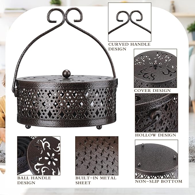 Lallisa Incense Coil Holder Sets, Round Metal Hanging Incense Burner with Handle and Lid, Portable Coil Burner Stand Container for Patio Camping Garden Home Indoor Outdoor Decor(Bronze Color,4 Pcs)