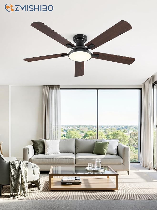 ZMISHIBO 52 Inch Flush Mount Ceiling Fan with Light, Remote&APP, Black | 6-Speed Quiet DC Motor, Dimmable 24W LED with 3CCT (3000K-6500K), Modern Low Profile for Living Room, Bedroom, Kitchen