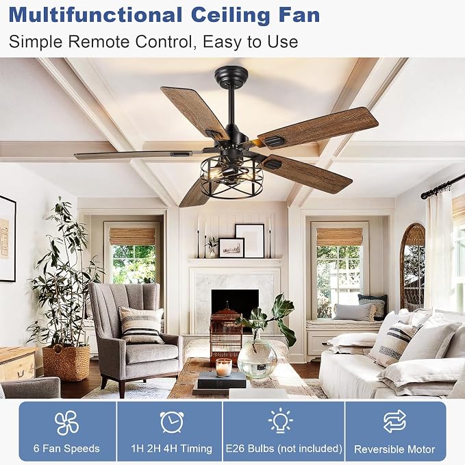 Depuley 52-Inch Ceiling Fans with Lights: Caged Ceiling Fans Dual Finish 5 Blades - Rustic Ceiling Fan with Remote Control for Farmhouse Living Room Outdoor Porch Noiseless (Black Walnut)